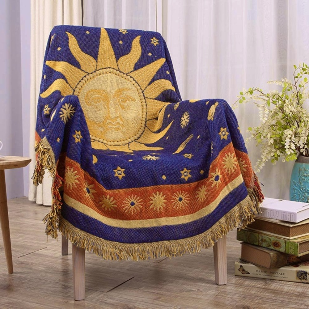Bohemian Vintage Sun/Moon Retro Reversible Throw Blanket for Sofa/Bed/Dorm/Patio - Picture 7 of 7